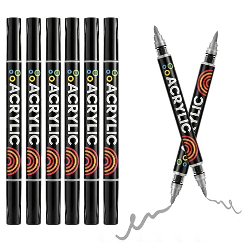 Grey Dual Tips Acrylic Paint Markers - Fine Tip and Brush Tip Acrylic Paint Pens for Stone,Paper,Wood,Glass,Fabric Paint,DIY Crafts (6, Grey) - color: Grey