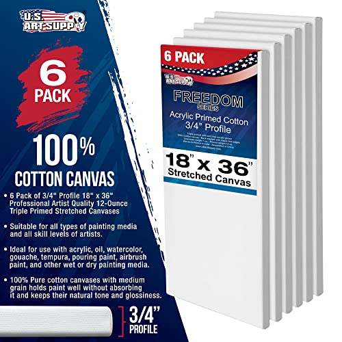 U.S. Art Supply 18 x 36 inch Stretched Canvas 12-Ounce Primed 6-Pack - Professional White Blank 3/4" Profile Heavy-Weight Gesso Acid Free Bulk Pack - Painting, Acrylic Pouring, Oil Paint - size: 18" x 36"