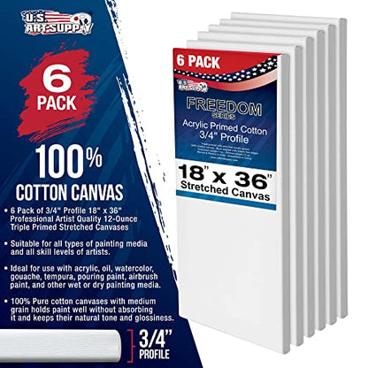 U.S. Art Supply 18 x 36 inch Stretched Canvas 12-Ounce Primed 6-Pack - Professional White Blank 3/4" Profile Heavy-Weight Gesso Acid Free Bulk Pack - Painting, Acrylic Pouring, Oil Paint - size: 18" x 36"