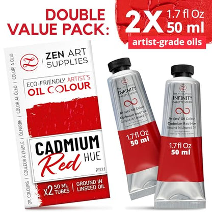 ZenART Professional Oil Paint Set - Artist Grade Cadmium Red Hue - 2x50ml | Non-Toxic, Buttery Consistency, Rich Pigment, Lightfast Oil Paints for Primed Surface Canvas, Fine Art, Portraits & Landscape - color: Cadmium Red Hue