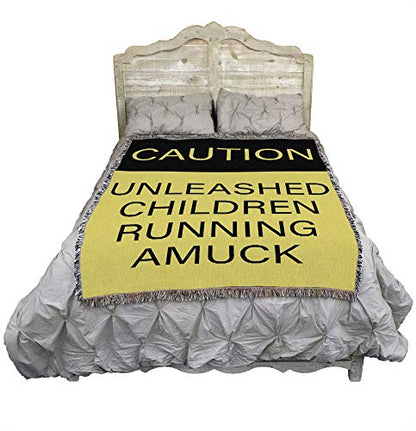Pure Country Weavers Caution Unleashed Children Running Amuck Blanket - Funny Gift Tapestry Throw Woven from Cotton - Made in the USA (72x54) - color: Running Amuck
