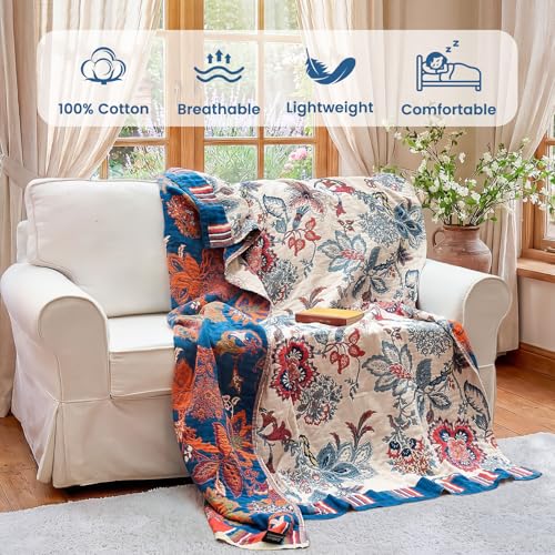 MSGKV Boho Throw Blanket 90"x90" 100% Cotton Farmhouse Butterfly Throw | Floral Pattern, Queen Size Blanket, Muslin Throw, Reversible Woven, Lightweight Comfort, All Season Use, Machine Washable - color: Thorn Flower, size: 90"x90"