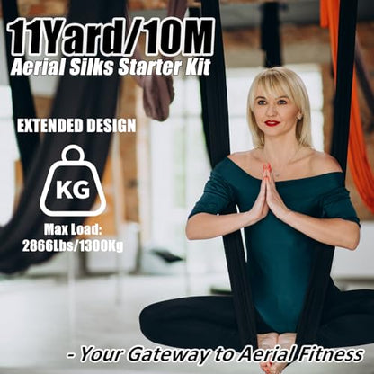 Aerial Silks Kit & Aerial Yoga Hammock - 11Yd Premium Fabric with Hardware | Easy Setup for Flying Yoga, Aerial Swing & Fitness - Supports Up to 14ft Rigging(Navy) - color: Black