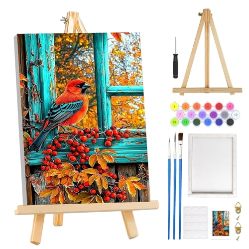MOGTAA Fall Paint by Numbers Kit for Adults Beginners with Frame, Birds Adult Paint by Number Kits on Canvas with Easel, Easy DIY Animal Oil Painting Kits for Home Decor, 8x12in - color: Birds