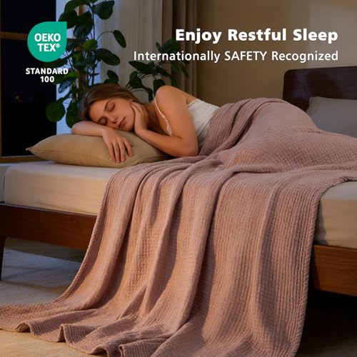 EMME Cotton Muslin Large Throw Blanket Couch Breathable Gauze Soft Lightweight Bed Blankets Adults (Heather Dusty Pink, 50"x70") - color: 06 - Dusty Pink, size: Large Throw (50" X 70")