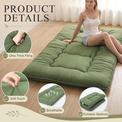 Marsui Japanese Floor Mattress with Washable Cover Thick Futon Mattress Tatami Mat Memory Foam for Adults Sleeping Camping Travel Guest Bed Bedroom Living Room Floor Lounger,Green