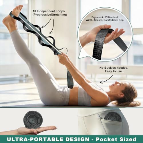 Acozycoo Stretching Strap with Loops for Leg Calf Back Physical Therapy | Non-Elastic Yoga Strap for Stretching,Stretch Band,Leg Lifter,Rehab,Knee,Hip,Pilates,Flexibility Training,Hamstring,Fascia - color: Black