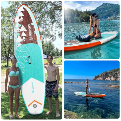 FBSPORT 11' Premium Stand Up Paddle Board, Yoga Board with SUP Accessories & Carry Bag | Wide Stance, Surf Control, Non-Slip Deck, Leash, Paddle and Pump for Youth & Adult - color: Brown Teal