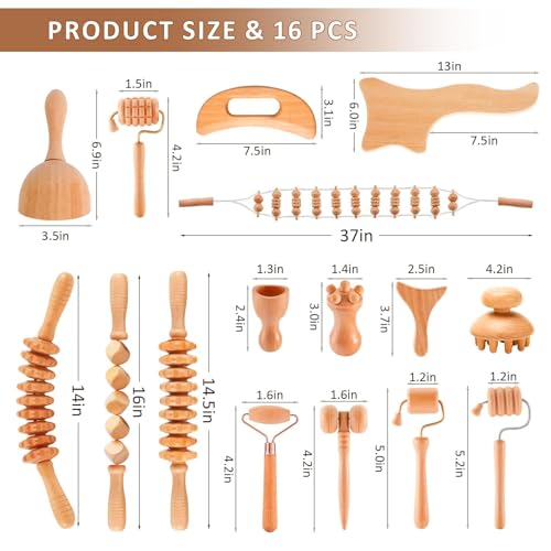 16-in-1 Wood Therapy Massage Tools Gua Sha, Maderoterapia Kit Muscle Pain Relief, Lymphatic Drainage, Body Sculpting Kit with Facial Wood Roller Fascia Massage - color: 16pcs