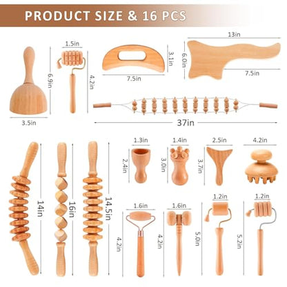 16-in-1 Wood Therapy Massage Tools Gua Sha, Maderoterapia Kit Muscle Pain Relief, Lymphatic Drainage, Body Sculpting Kit with Facial Wood Roller Fascia Massage - color: 16pcs