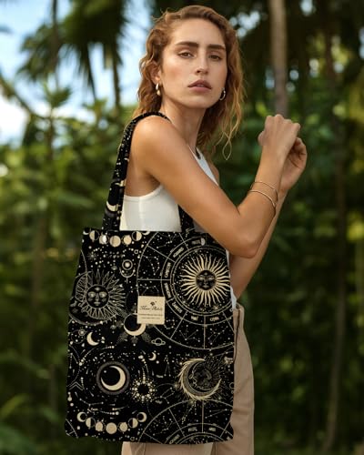 Miss Adola Corduroy Tote Bag for Women with Aesthetic Design | Magnetic Buckle & Pocket, Reusable, Soft, Roomy, Long Shoulder Handles, Double-sided Print, Casual Daily Work, Grocery Bags - color: Sun Stars