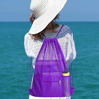 NATURAL STYLE Mesh Drawstring Backpack Bag, Gym Sports Bag with Zipper Pocket Bottle Holder, String Beach Bag for Swiming Travel (Purple) - color: Purple
