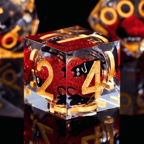 Froggod Liquid Core Cat DND Dice Set 7Pcs with Box- Sharp Edge D&D Dice with Gift Box, for Dungeons and Dragons RPG MTG D and D Role Playing Resin Red - color: Red