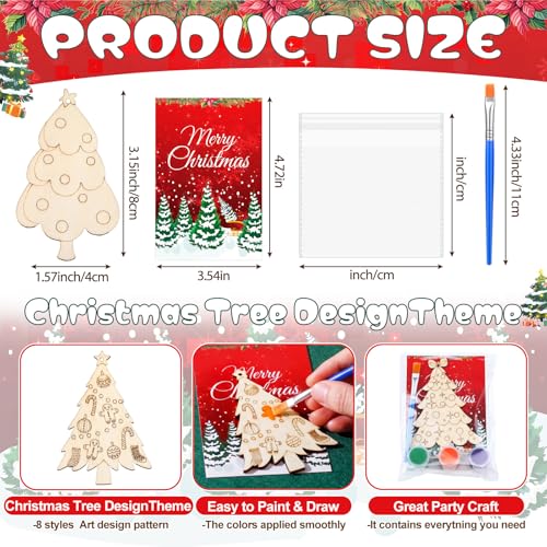 Saypacck 24 Pcs Christmas Tree Party Favors Wooden Paint Craft Kits | Includes Brushes Paints, Christmas Tree Designs, Organza Bags for Goodie Bag Fillers, Christmas Stocking Stuffer Gifts - style: Christmas Tree