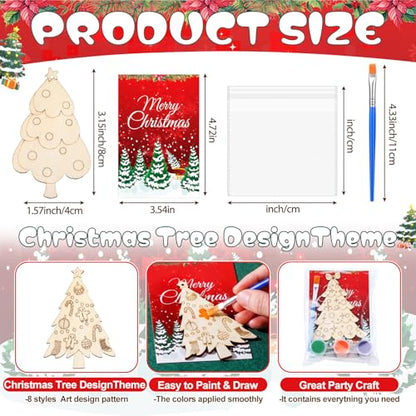 Saypacck 24 Pcs Christmas Tree Party Favors Wooden Paint Craft Kits | Includes Brushes Paints, Christmas Tree Designs, Organza Bags for Goodie Bag Fillers, Christmas Stocking Stuffer Gifts - style: Christmas Tree