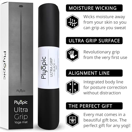 Plyopic Ultra Grip PRO Yoga Mat – EXTREME Non-Slip Performance - Dry & Wet Grip - Smarter Alignment Lines - Comfortable & Sweat Resistant - For Yoga, Pilates & Hot Yoga - color: Centerline Alignment - Signature Black