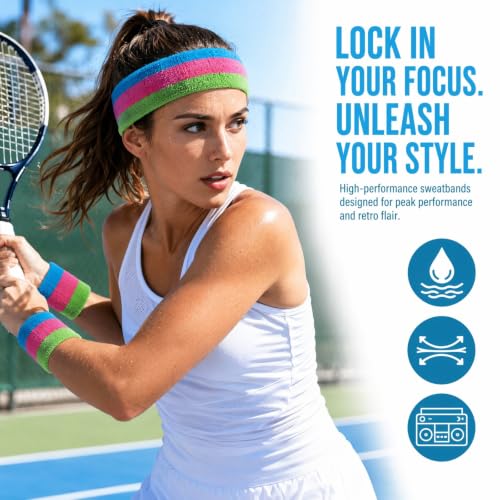 ONUPGO Sweatband Set Sports Headband Wristband Set Sweatbands Terry Cloth Wristband Wrist Sweatband Headbands Moisture Wicking Sweat Absorbing Head Band - color: Neon Blue/Pink/Green