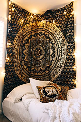 Rajsee Black Gold Mandala Tapestry for Bedroom - Aesthetic Indie Boho Trippy Wall Hanging 82x92 Inches - color: Black Gold, size: 92"L x 82"W