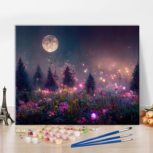 TUMOVO Painting by Numbers Kit for Adults Moonlight Wilderness Scenery | moonlight wilderness art on 16x20 inch unframed canvas with acrylic paints and 3 brushes, relaxing DIY craft and wall decor. - color: Landscape