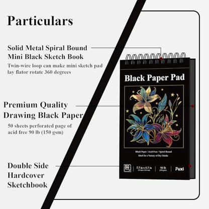 Fuxi Black Paper Sketchbook, 2-Pack - 5.5" x 8.5" | 90lb/150gsm Black Sketch Paper, 50 Sheets Per Pad - color: Black