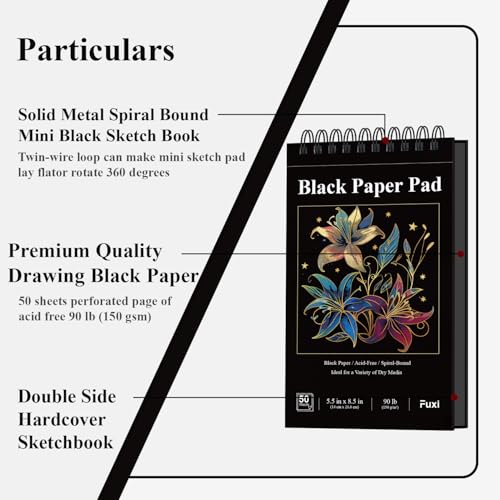 Fuxi Black Paper Sketchbook, 2-Pack - 5.5" x 8.5" | 90lb/150gsm Black Sketch Paper, 50 Sheets Per Pad - color: Black