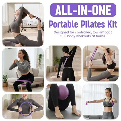 Pilates Kit for Women – 16 Pcs Home Pilates Equipment Set with Magic Circle Ring, Ball, 5 Resistance Bands, Yoga Strap, Ankle Weights, Grip Socks & More | Pilates Starter Kit - color: Purple