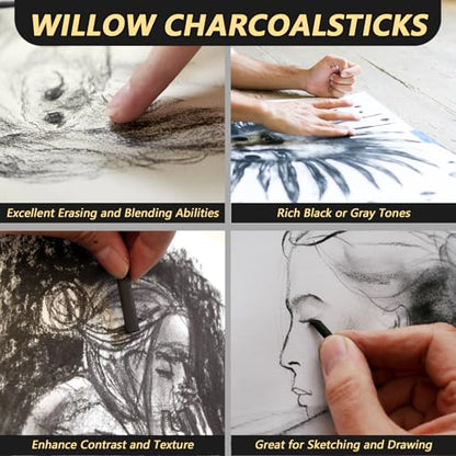 100 Pieces Willow Charcoal Sticks, Willow Charcoal, Soft Black Drawing Charcoal for Sketching and Drawing Art Sketch Artists Supplies, 5.3 Inch in Length (2-4, 4-5, 5-7,7-9 mm)