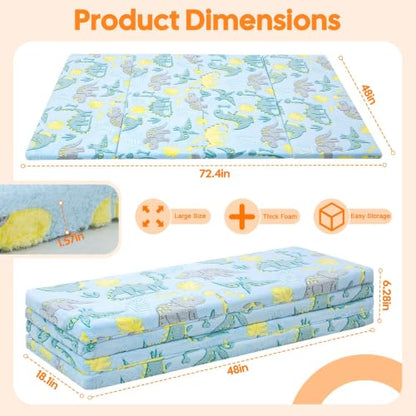 MeMoreCool Kids Floor Mattress, 48x72 Inch Foldable Play Mat, Blue Dino | Blue dinosaur 4x6 ft foam tatami futon mat - color: Blue Dinosaur