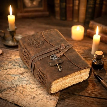 cuero Compass Vintage Leather Journal Antique Handmade Bound Journal with Deckle Edge Paper Diary Leather Sketchbook Drawing Journal Notebook Great Gift Men & Women (6X8 Inch) - size: 8 inch by 6 inch