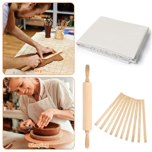 12 Pcs Pottery Tools Kit with Wooden Rolling Pin, 5-Size Rolling Mud Sticks, Linen Tablecloth for Ceramic Clay Art DIY Craft Supplies Sculpting and Teaching