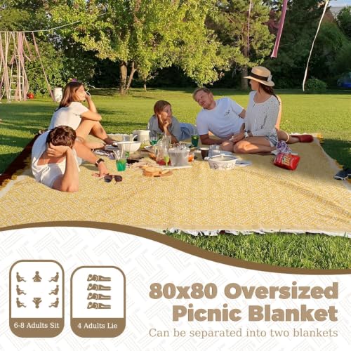 Genovega 2 in 1 Extra Large Rug Outdoor Picnic Blanket Waterproof Woven Boho Mat Giant Beach Towel Travel Essential Yoga Accessories Park Patio Lawn Garden Ground Music Festival Concert Must Have - color: Brown, size: 80"x80"