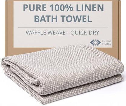 Linen Towel for Bathroom - 28x52-inch Waffle Weave Bath Towel - color: White Natural, size: Bath Towel
