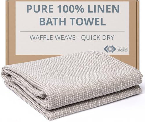 Linen Towel for Bathroom - 28x52-inch Waffle Weave Bath Towel - color: White Natural, size: Bath Towel