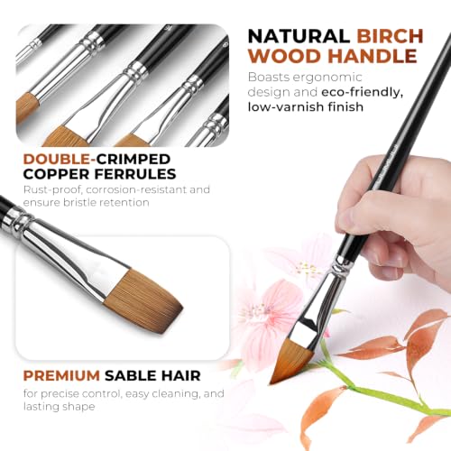 Watercolor Brushes Professional, Fuumuui 8Pcs Sable Paint Brush Set Variety Shapes with Flat, Round Pointed, Cat's Tongue Oval Wash Perfect for Watercolor Acrylic Gouache Inks Painting - color: Black