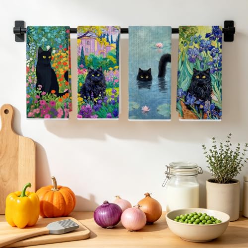 Jztco 4 Pcs Cute Cat Kitchen Towels, Floral Cats Absorbent Hand Tea Towel - color: Multi 1560