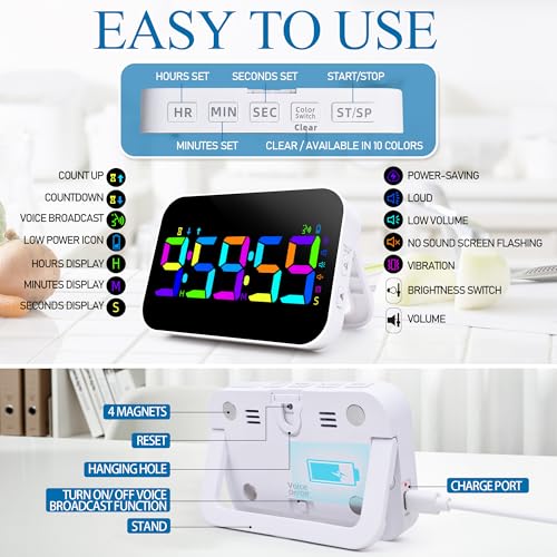 Kitchen LED Digital Timer Rechargeable, RGB Count Down Up Digital Timer with Vioce Reminder for Kitchen Classroom Cooking Study, Vibration Mode 3 Level Adjustable Volume and Brightness