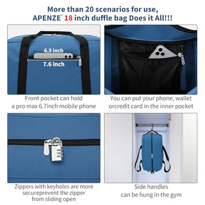 Apenze Small Gym Bag 18 inch Carry On Duffel Bag for Weekender Travel - Blue - color: Blue, size: 18inch