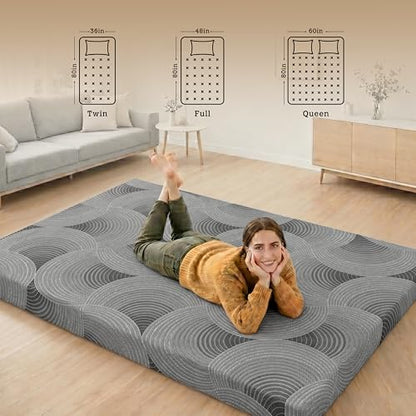 Japanese Floor Mattress,3.5" Thicken Futon Mattress Tatami Mat Full | with Non-Slip Bottom,Removable Washable Cover,Foldable Mattress Tatami Mat Sleeping Pad,Grey Geometric,(80’‘x48'') - color: Ma1-grey Geometric, size: Full (80" X 48")