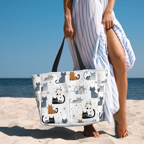 Large Beach Bag for Women Waterproof Foldable Travel Shoulder Tote Bag with Pocket for Weekender Pool Vacation - color: Cat White