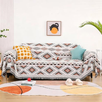 Luxlovery Beige Bohemian Sofa Throw Blankets Ethnic Woven Boho Geometric White and Khaki Throw Blanket for Couch Aztec Bed Throws Oversized Chair Sofa Cover with Tassels(51"x70") - color: Mocha, size: 51"x70",130x180cm