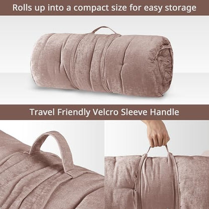 Intelligent Design Foldable Lightweight Lounge Floor Pillow 27" x 74" Blush | Edelia Poly Chenille Soft Sheen Cushion, Tufted Seat for Meditation, Game Playing, Yoga, Reading with Travel Wrap - color: Blush