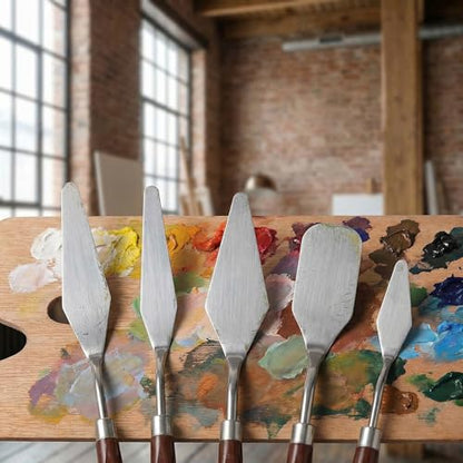 5pcs Palette Knife Painting Stainless Steel Spatula Wood Handle | Oil Paint Knives, for Oil Painting, Acrylic Painting, Paint Mixing, Texture Art, Canvas and Artist Use - color: Brown-5pcs