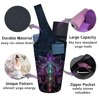 Yoga Mat Bag Carrier for Women with Side Large Pocket Durable Linen Workout Gym Travel Storage Pilates Mats - color: Purple Mandala Chakra
