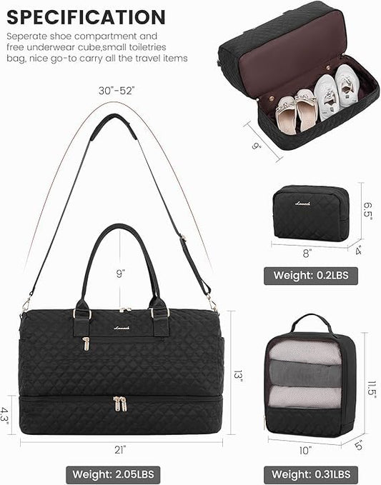 LOVEVOOK Travel Duffle Bag for Women, Weekender Overnight Bag with Shoe Compartment, Carry on Bag with Toiletry Bag, Gym Duffel Bag with Wet Pocket, Hospital Bags for Labor and Delivery 3 Pcs Set - color: Black-Brown, size: Large