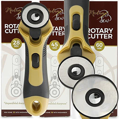 Madam Sew 60mm Rotary Cutter for Fabric | Precision Cloth Cutting Tool with Tungsten Steel Blade and Safety Guard | Fabric Cutter Rotary Tool For Sewing, Arts & Crafts with Comfortable Handle - size: 60mm cutter