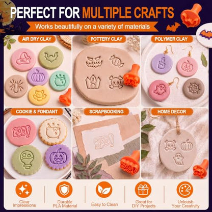 30 Pcs Halloween Pattern Clay Modeling Stamp Set with 72-Character Letter Stamps and Storage Box, Halloween Pattern Stamps for Polymer/Ceramic Clay, Pottery Craft, Cookie and Jewelry Making - style: Halloween