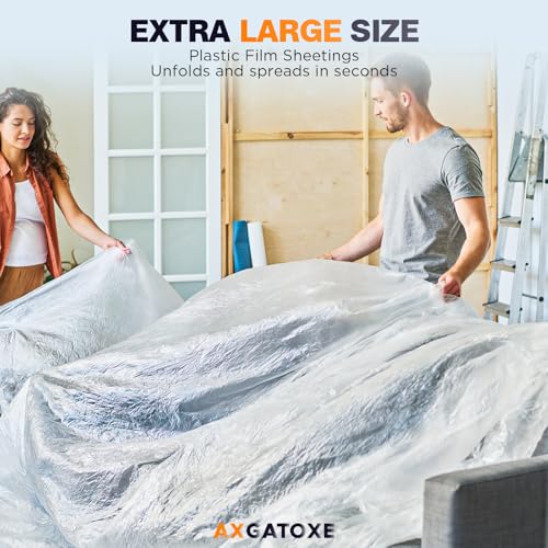 Axgatoxe 12 x 9 Ft Plastic Drop Cloths for Painting (6-Pack) | Plastic Painter's Sheeting & Tarps for Painting Supplies, Waterproof & Dust-proof Furniture/Couch/Floor Protection Cover - size: 6-Pack