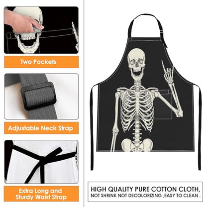 Apron with Pockets, 32x28 inch, for Women Men, Black Skull | Halloween Skeleton Rock Waterproof Adjustable Bib Aprons for Kitchen Cooking Baking Painting Gardening - color: Black Skull