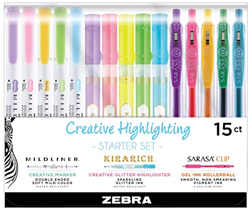 Zebra Pen Highligher Set, MILDLINER, KIRARICH & SARASA Clip, Assorted, 15Pk | Includes 5 MILDLINER Highlighters, 5 KIRARICH Glitter Highlighters & 5 SARASA Clip Gel Pens, Ideal for Journaling (76015) - style: Journaling and Creative Notetaking Set