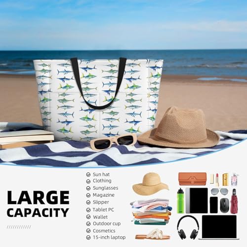 Large Beach Bag for Women Waterproof Foldable Travel Shoulder Tote Bag with Pocket for Weekender Pool Vacation - color: Fish White